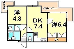 阪神本線 神戸三宮駅 徒歩9分の賃貸マンション 4階2DKの間取り
