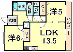 ラムール武庫之荘 2LDKの間取図画像