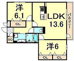 南塚口メディエートプラザ2 2LDKの間取図画像