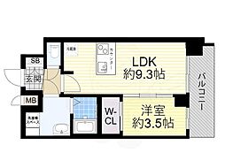 プレサンス天王寺ヴィヴァン 9階1LDKの間取り