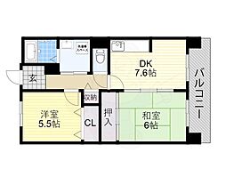 コーシャハイツ相生2号棟 2DKの間取図画像