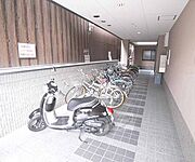 入り口への道が駐輪場になっています。