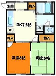 グランメール高尾 1階2DKの間取り