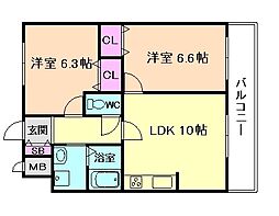 日生ロイヤル塚本 2LDKの間取図画像