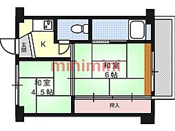 ビレッジハウス服部1号棟 2Kの間取図画像