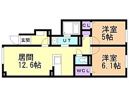 JR函館本線 余市駅 徒歩9分の賃貸アパート 1階2LDKの間取り