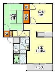 ハイツプリティウッド 1階2LDKの間取り