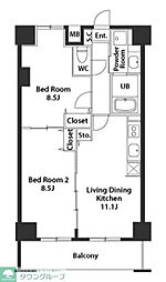 JR総武線 千葉駅 徒歩15分の賃貸マンション 9階2LDKの間取り