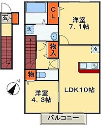 ジャルダンベールＢ 2階2LDKの間取り