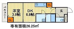 グランフェリオ本町 2DKの間取図画像