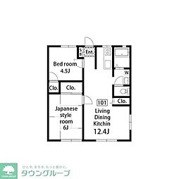 京王相模原線 南大沢駅 徒歩22分の賃貸アパート 1階2LDKの間取り