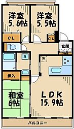 リフィーネめじろ台 2階3LDKの間取り