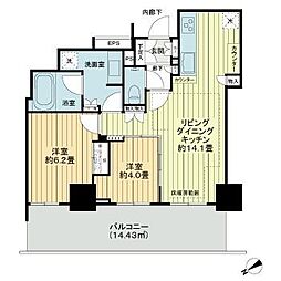 東急東横線 武蔵小杉駅 徒歩5分の賃貸マンション 23階2LDKの間取り