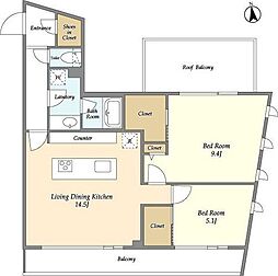 プライムアーバン目黒東山 4階2LDKの間取り