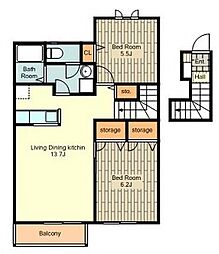 JR中央線 高尾駅 バス5分 鍛冶屋敷下車 徒歩1分の賃貸アパート 2階2LDKの間取り