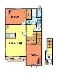 JR中央線 西八王子駅 徒歩20分の賃貸アパート 2階2LDKの間取り