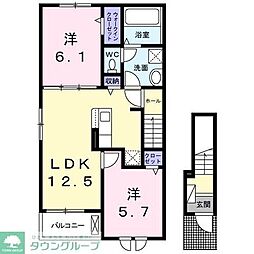 京王線 中河原駅 徒歩23分の賃貸アパート 2階2LDKの間取り