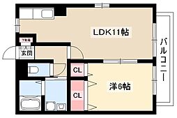 レトアK2 1階1LDKの間取り