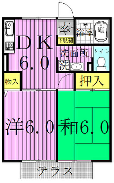サンフラワーハイツ　B 102｜千葉県野田市尾崎台(賃貸アパート2DK・1階・40.16㎡)の写真 その2