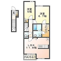 ローズ　ゲート　I 2階2LDKの間取り
