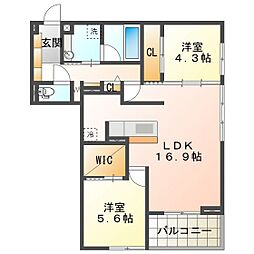 ディーソルビア中川原 2LDKの間取図画像