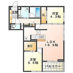 ディーソルビア中川原 2LDKの間取図画像