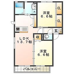 アンファミーユ　Ａ 2階2LDKの間取り