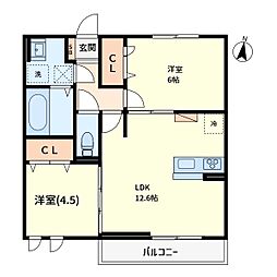 ユートリーIII 203 2階2LDKの間取り