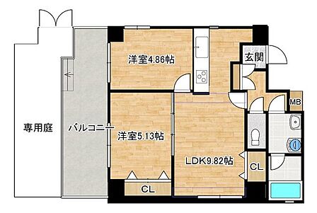 【リフォーム中】間取図です。バルコニーと専用庭付きです。