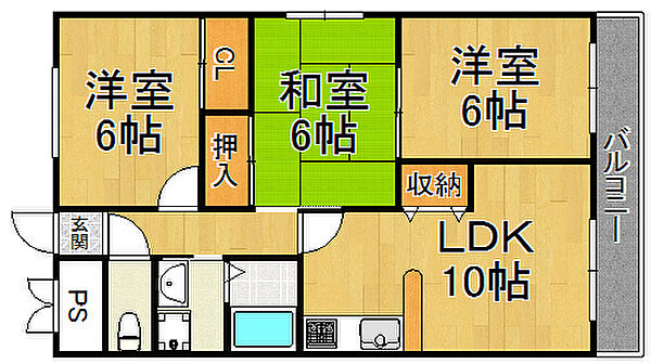 ゴールドクレスト ｜兵庫県伊丹市東野4丁目(賃貸マンション3LDK・3階・65.00㎡)の写真 その2