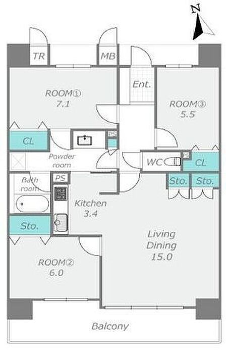広々とした3LDKの間取りです。5階部分のお部屋で日当たりも良好です。