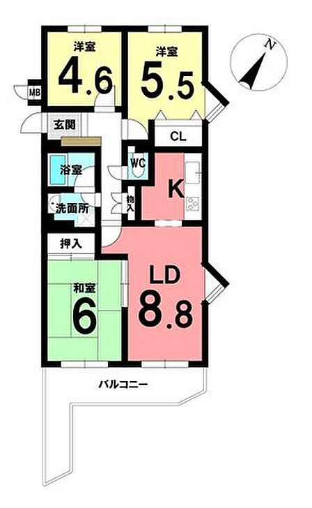 3LDKの間取りです。南向きのバルコニーで日当たり良好です。
