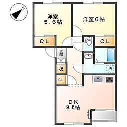 サンミラドールA 2階2DKの間取り