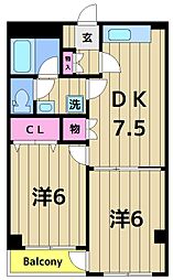 ヴィレヂ・ハピネス3B棟 2DKの間取図画像