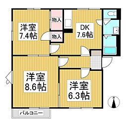 ノーザンフレグランスＢ 1階3DKの間取り