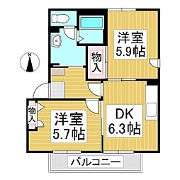 シャーメゾンビビット 2階2DKの間取り