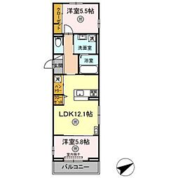 ボヌール祇園 3階2LDKの間取り