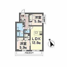 メゾンドノアール 1階2LDKの間取り