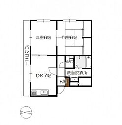 ヴィラ楽々園 2階2DKの間取り