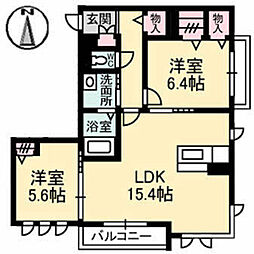 リバージュ中広 3階2LDKの間取り