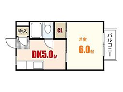 野地ハイツ 2階1DKの間取り