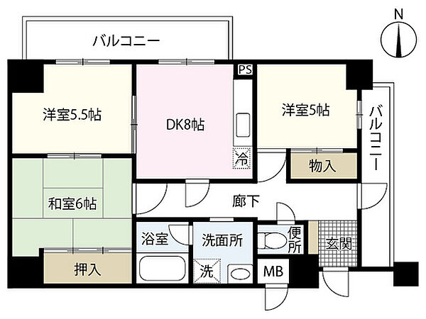 広島県広島市中区住吉町(賃貸マンション3DK・6階・68.09㎡)の写真 その2