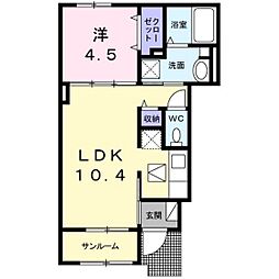 プラシード鶴江 1階1LDKの間取り