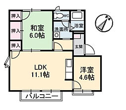フレグランス天水Ｂ棟 2階2LDKの間取り