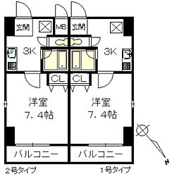 ニュ−ハ−ベスト 4階1Kの間取り
