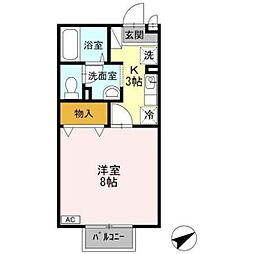 シーソン城泉B 1Kの間取図画像
