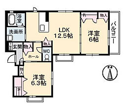 プレジール段原南 2LDKの間取図画像