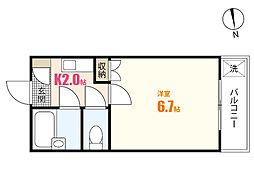 コーポ溝手 2階1Kの間取り