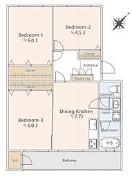 公社立川羽衣町住宅2号棟 3DKの間取図画像