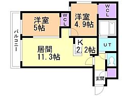 札幌市営東西線 円山公園駅 徒歩11分の賃貸マンション 5階2LDKの間取り